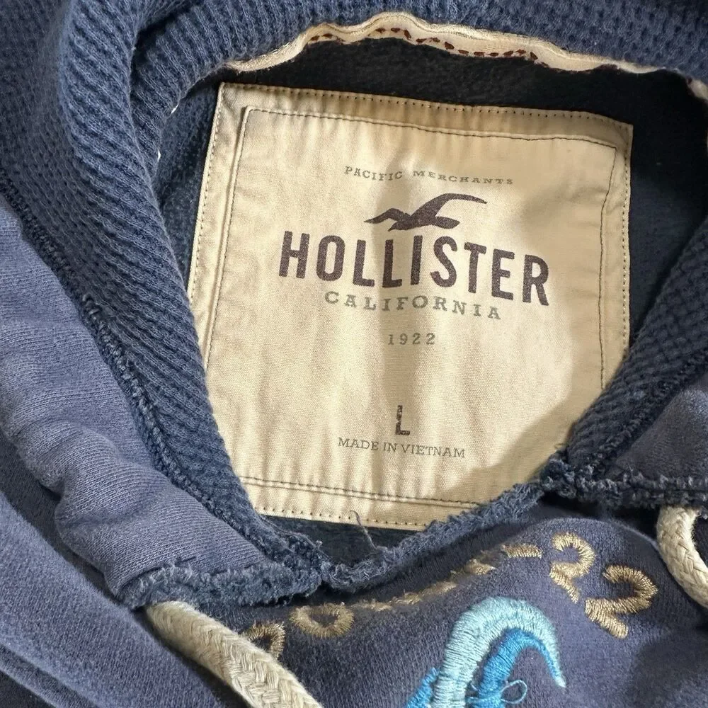 Vintage Hollister Hoodie Mens L Blue Pullover Y2K Faded Distressed